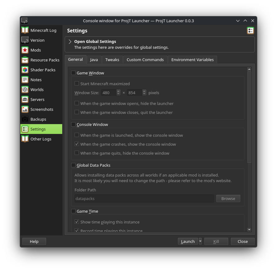 Console tab under Launcher tab in settings