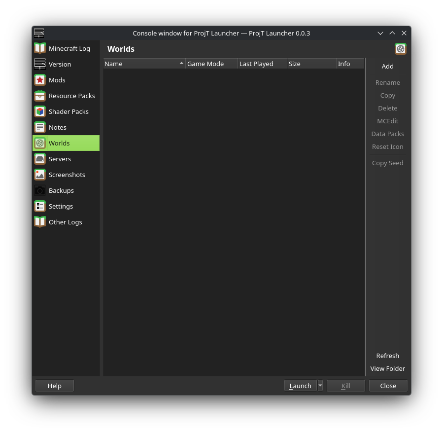 Worlds tab under ProjT Launcher Instances