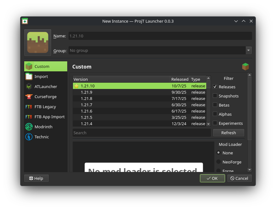 FTB tab under ProjT Launcher New Instances