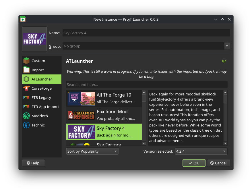 Launcher tab under ProjT Launcher New Instances