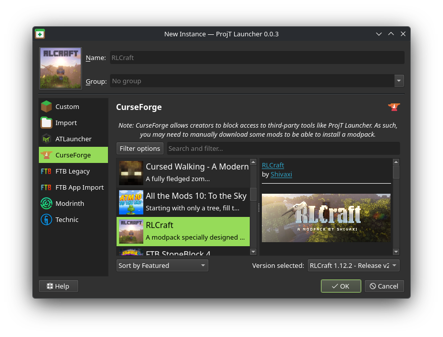 CurseForge tab under ProjT Launcher New Instances