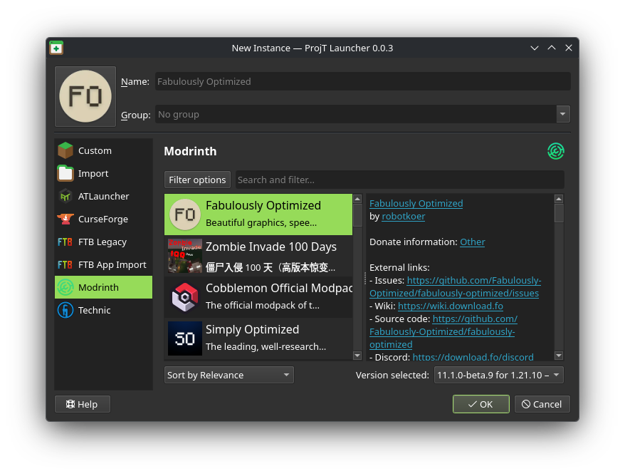 Modrinth tab under ProjT Launcher New Instances